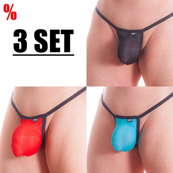 3 SET superTHONG 3D men Stringtanga semi transparent schwarz/black / türkis/turquoise - rot/red